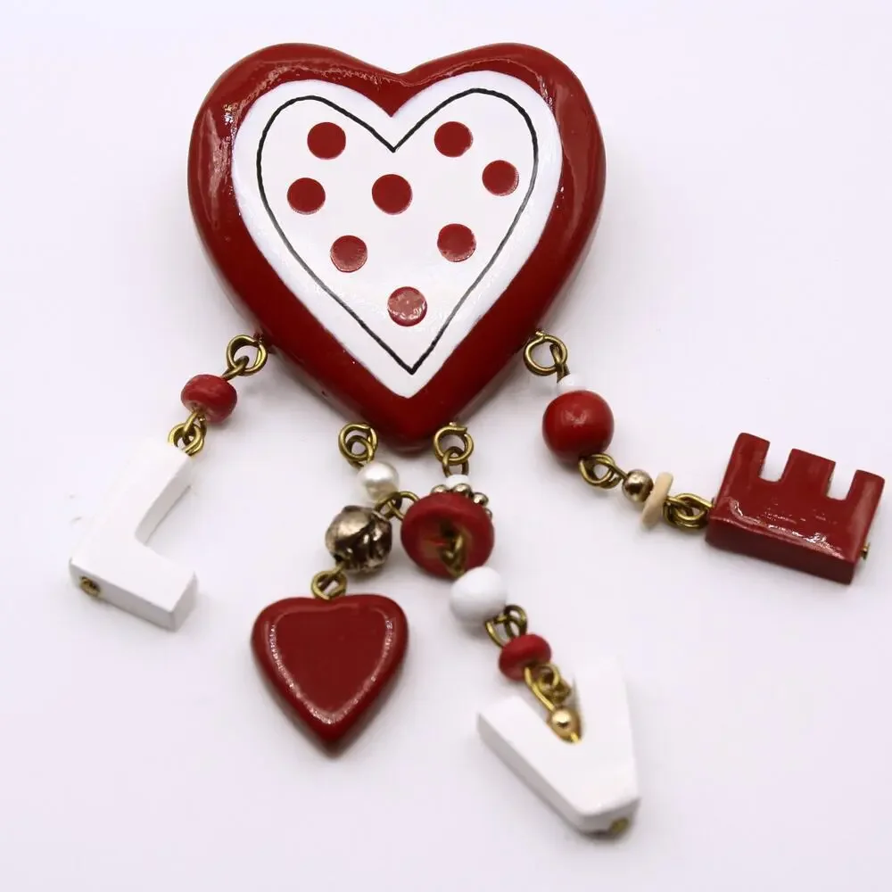 Vintage Red White Heart Dangle Pin Brooch LOVE Letters Valentine Kitsch Hey Viv